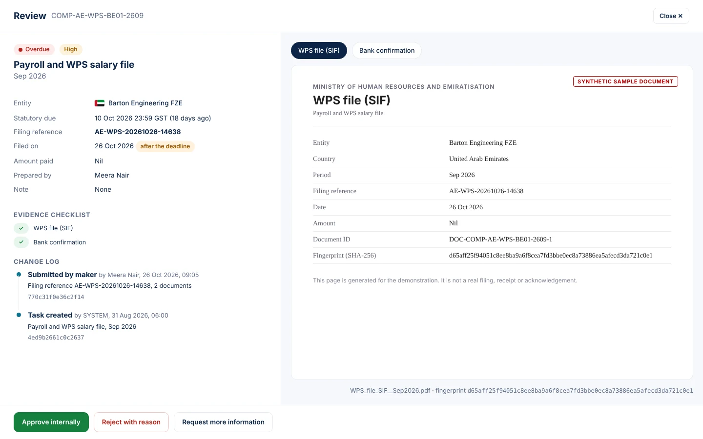 A split screen shows the details on the left and the document on the right
