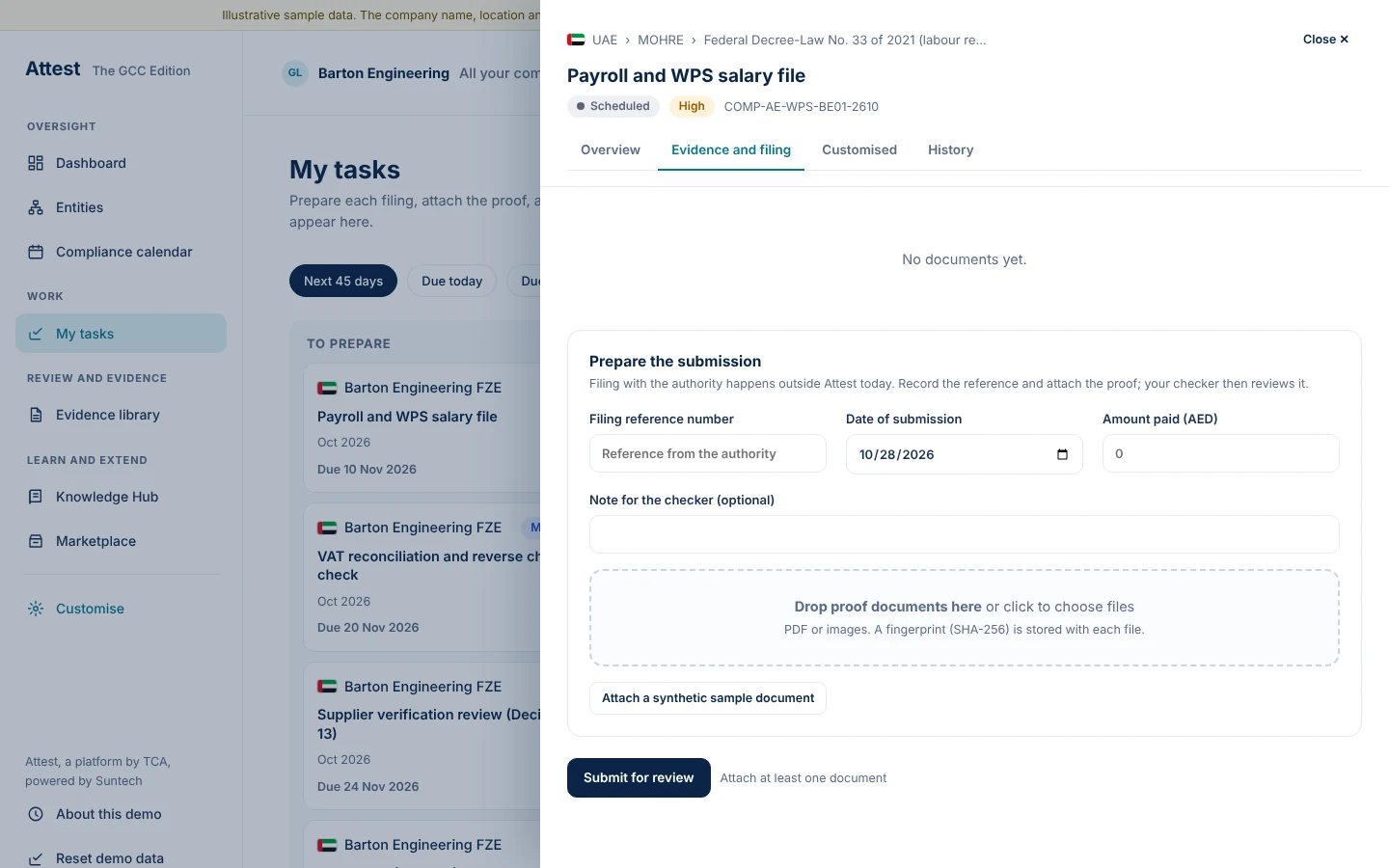 Each task states its legal basis, deadline and the proof required